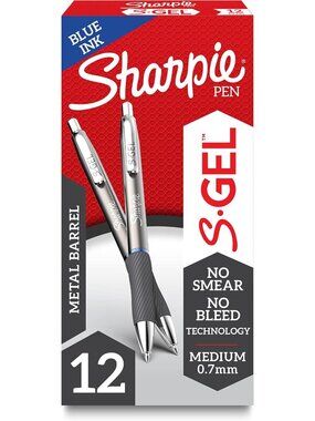 Sleek Metal Barrel Gel Pens, Medium Point 0.7mm, Blue Ink, 12 Count Set